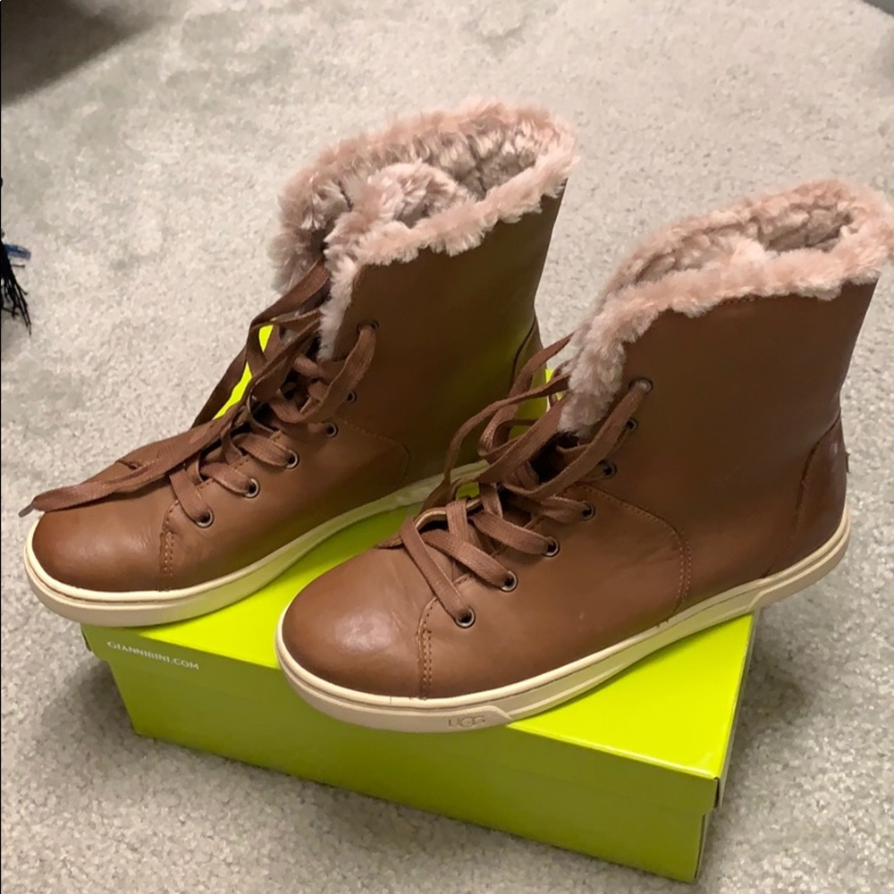 Brown/Tan leather & fur high top Ugg sneakers